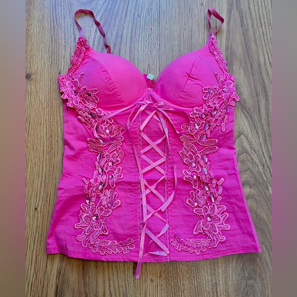 A Pink Tank Top Corset, In Size Small, Brand is Danesi, Material is Stretchy